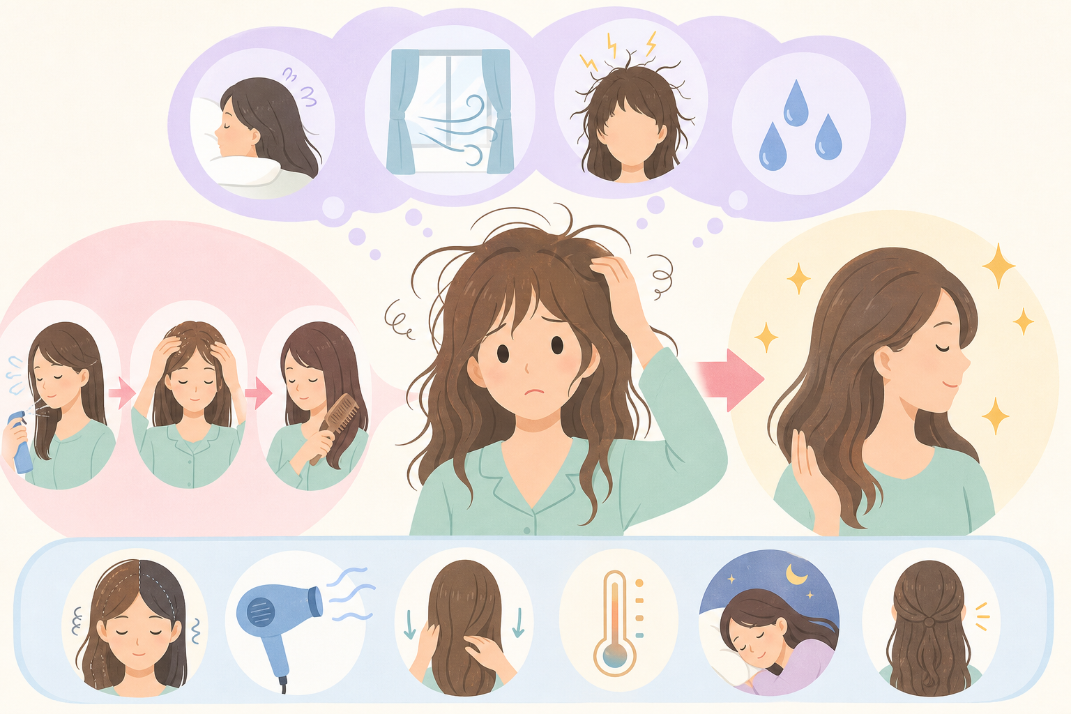寝ぐせの原因と早く直す方法を解説!タイプ別の時短テクや予防のための乾かし方も紹介